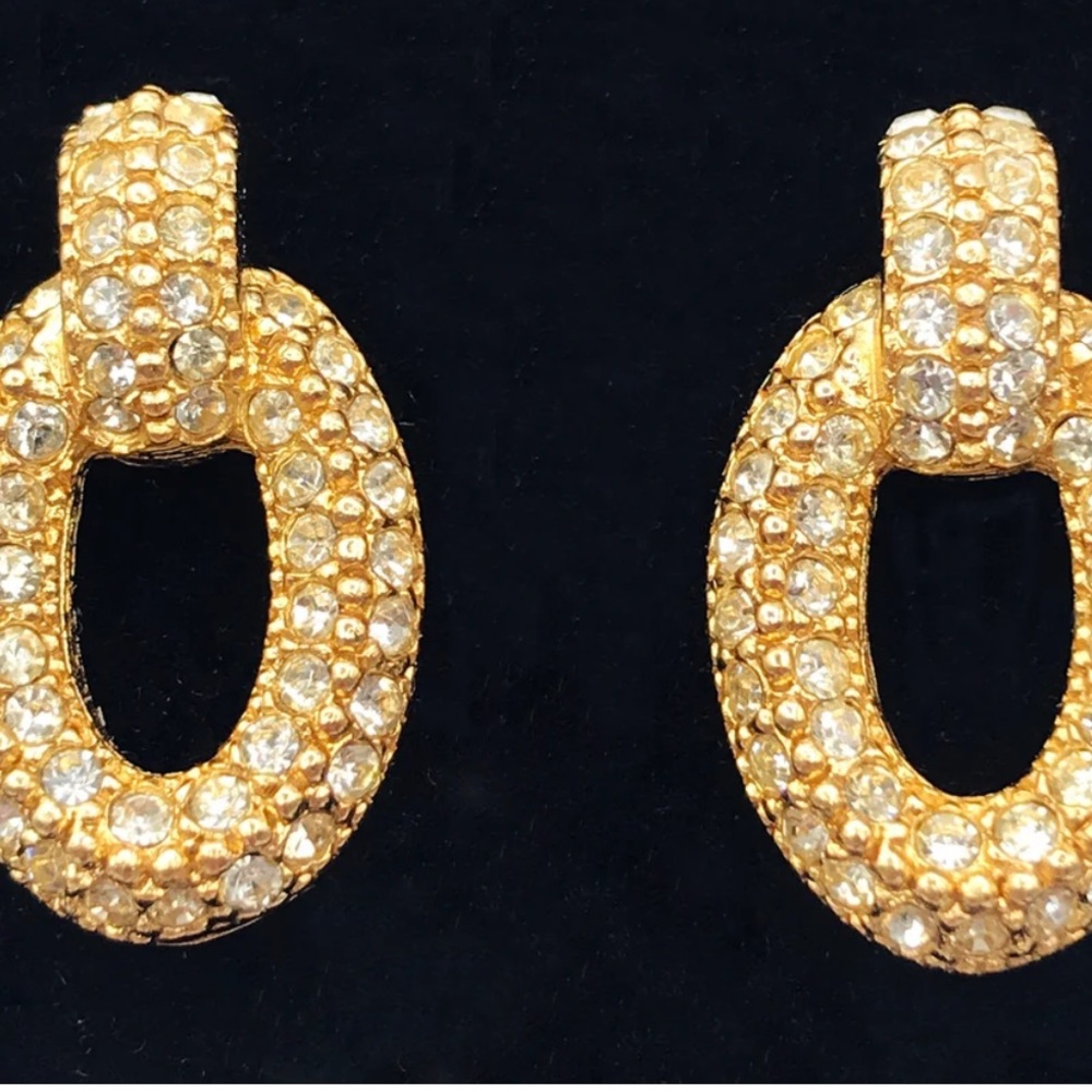 VINTAGE CHRISTIAN DIOR Signed Crystal Posts Oval Earrings 70's RARE - Picture 7 of 14
